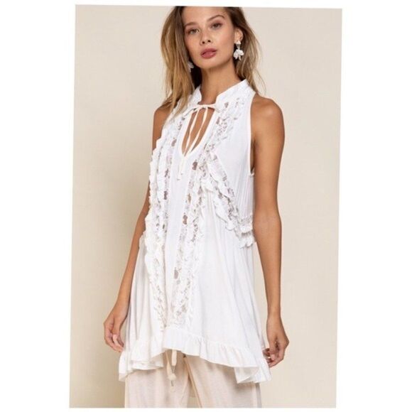 lace Paneled Ruffle Detailed Sleeveless Swing Top - Picture 2 of 13